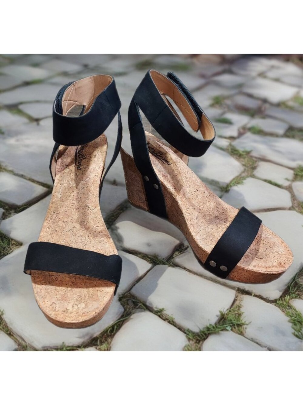 Lucky Brand Black Suede Sandal Ankle Strap Cork Wedge Heel Size7.5M USA Mcdowell